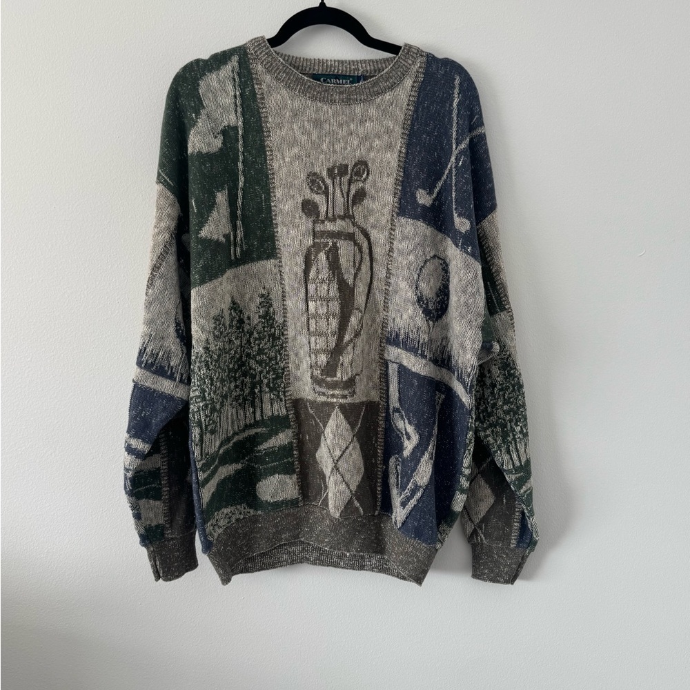 Vintage Carmel XL Abstract Patchwork Knit Sweater Oversized Earth Tone Pullover